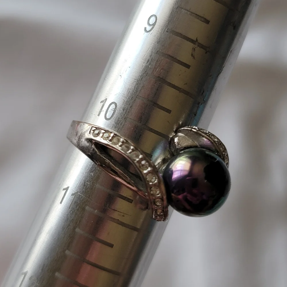 Faux Black Pearl Ring Silver Tone